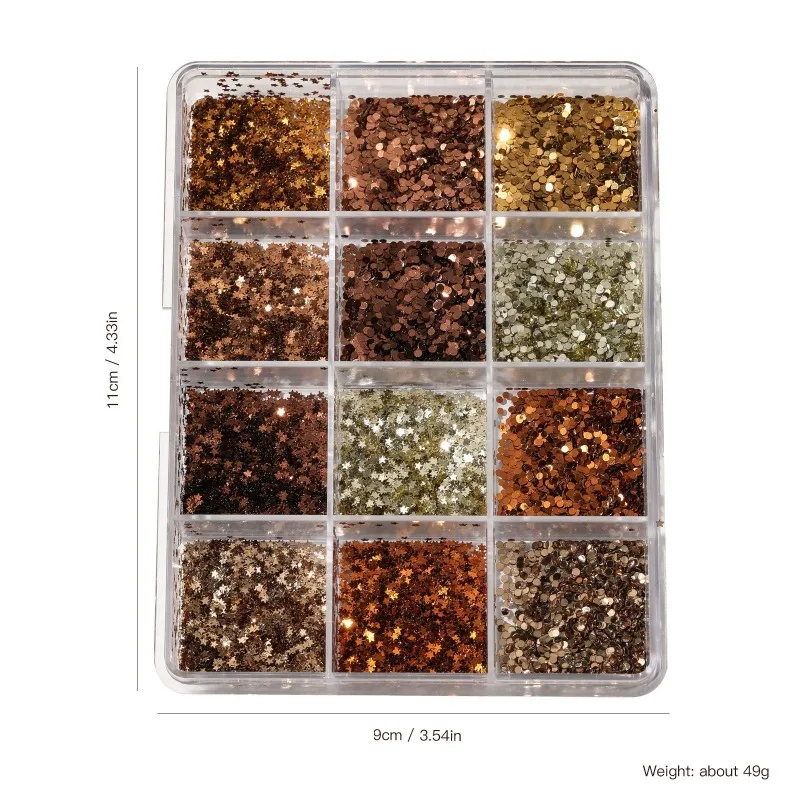 12-Grid Fall Winter Nail Art Glitter Sequins Mix Mocha Gold Dot Star Flakes DIY 3D Nail Decoration Charms for Manicure Design view 6
