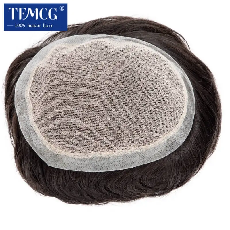 Men Toupee Silk Base and PU Breathable Lace Hand Tied Man Wig 100%  Human Hair Male Hair Prosthesis Durable Exhuast System