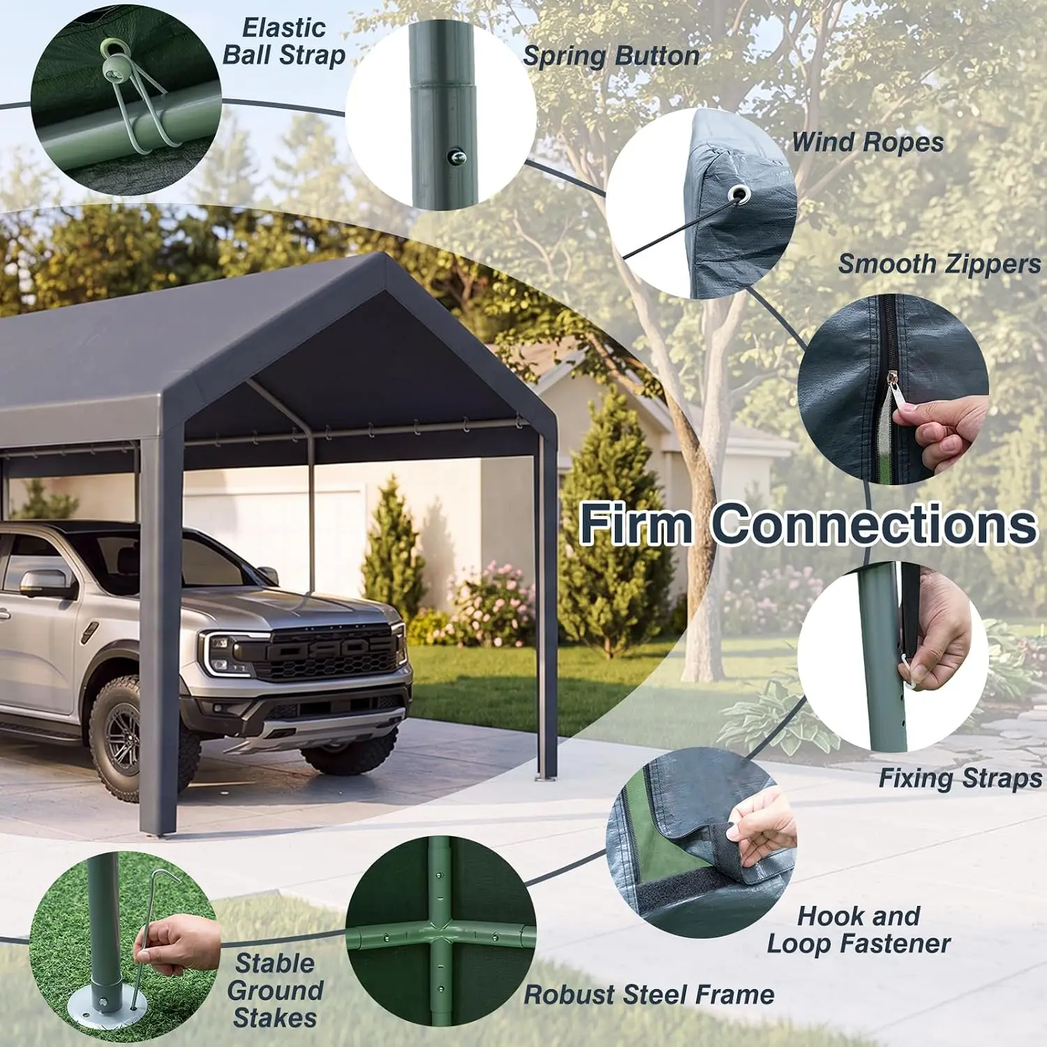 10x20 FT Portable Garage with 2 Doors & 4 Roll-Up Mesh Windows