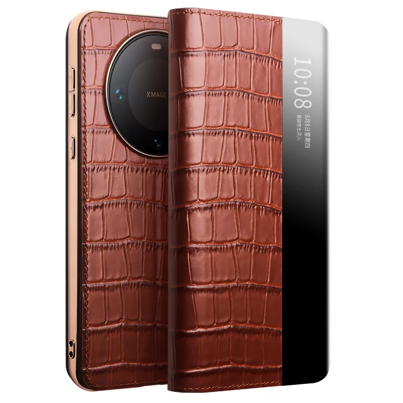 QIALINO עבור Huawei Mate 60 Pro / 60 Pro+ נרתיק תצוגה לחלון עור אמיתי עור פרה אוטומטי התעוררות / שינה כיסוי טלפון - חום