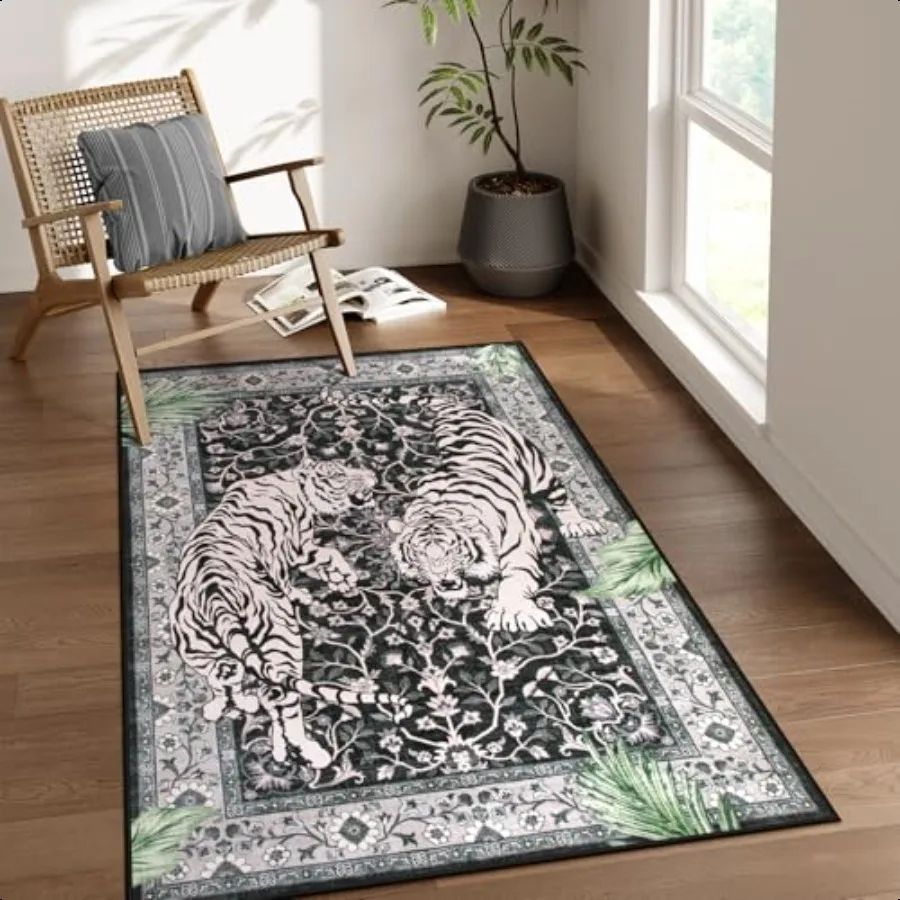 

Tiger Washable Rugs 3x5 Entry Area Rugs Non Slip Soft Living Room Carpet Boho Low Pile Stain Resistant Indoor Throw Mat for Ki