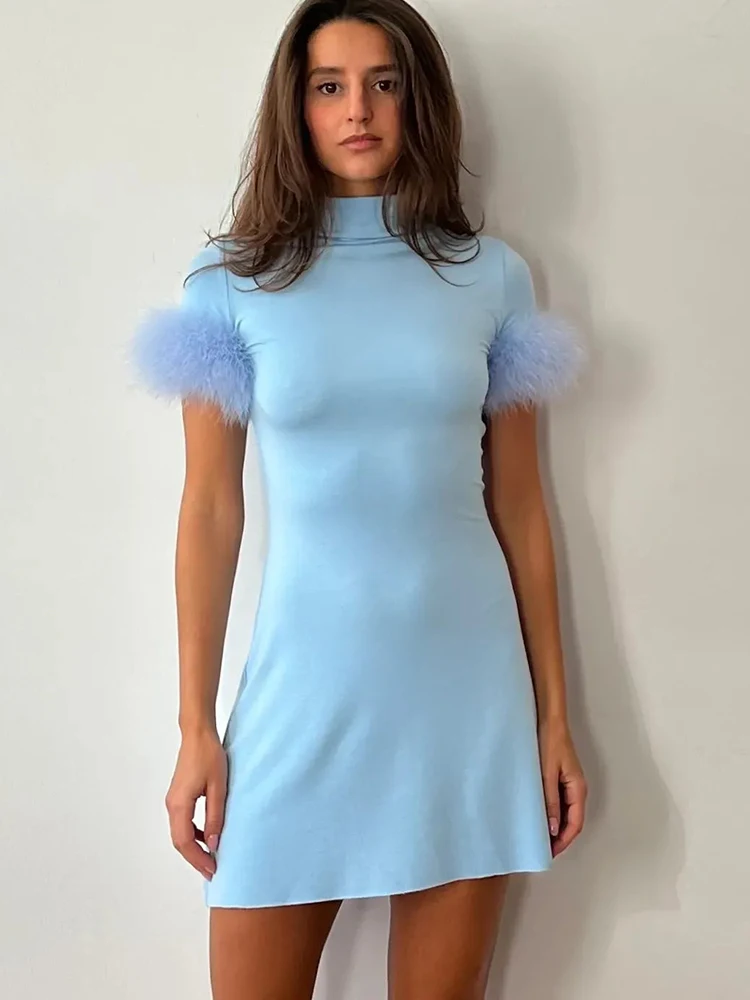 

JULISSA MO Turtleneck Patchwork Feather Sleeve Women Mini Dress Short Sleeve A-line Dress Spring Skinny Elegant Party Club Dress