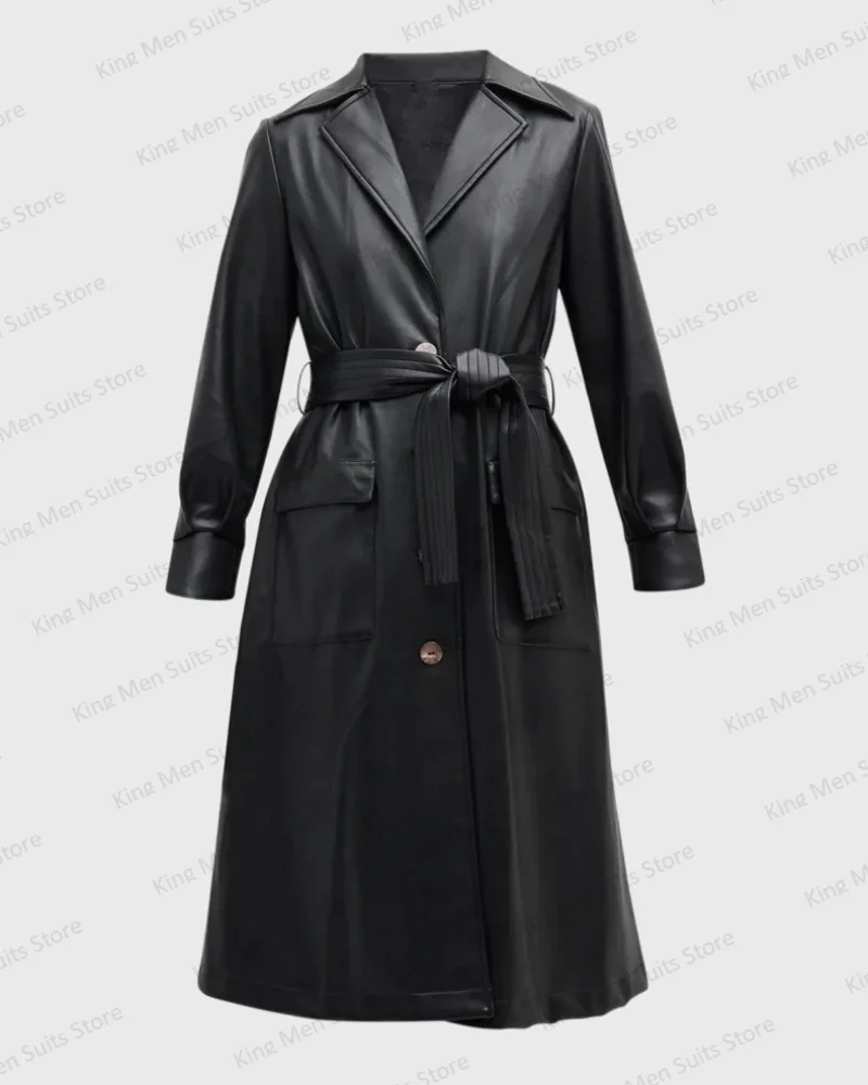 Traje de cuero negro para mujer, Chaqueta larga Formal de oficina para mujer, abrigo hecho a medida de una sola botonadura, 1 pieza