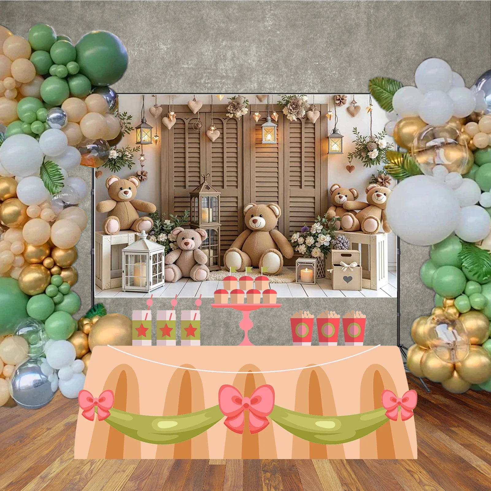MOON.QG Dekorasi Kayu Boneka Beruang Latar Belakang Fotografi Anak Latar Belakang Balon Lilin Bunga Latar Belakang Studio Ulang Tahun Anak Zona Foto