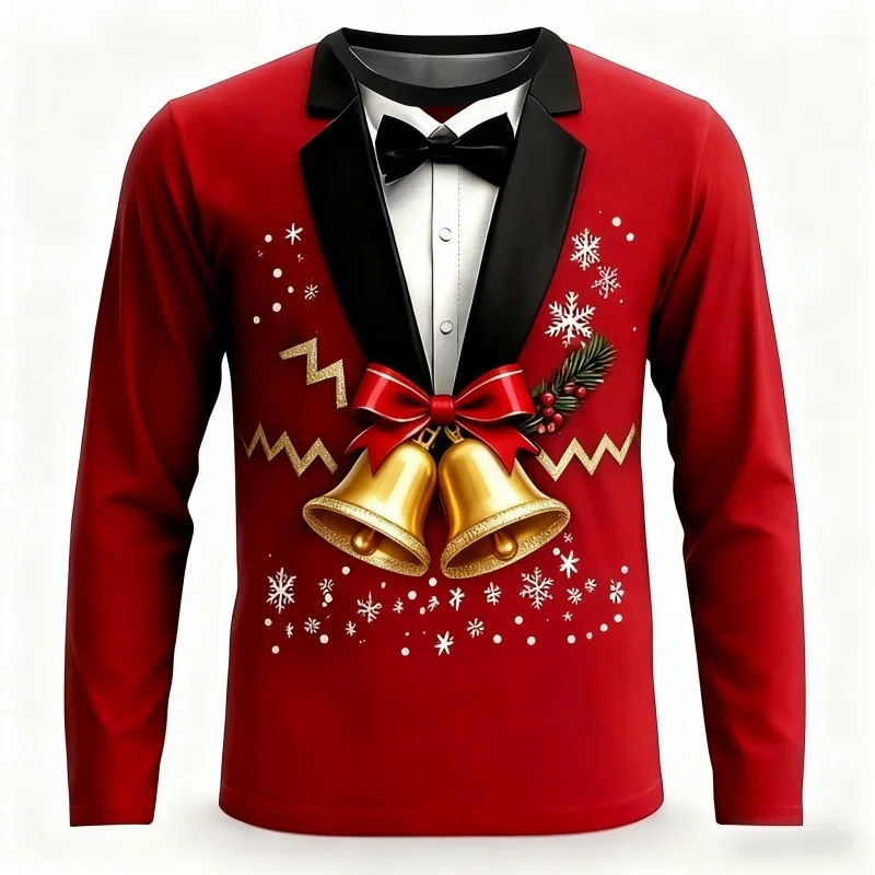 Christmas-themed Men's Crew Neck Long Sleeve Comfortable Sweatshirt Stylish Long Sleeve T-Shirt 3D Christmas Bell Print Top