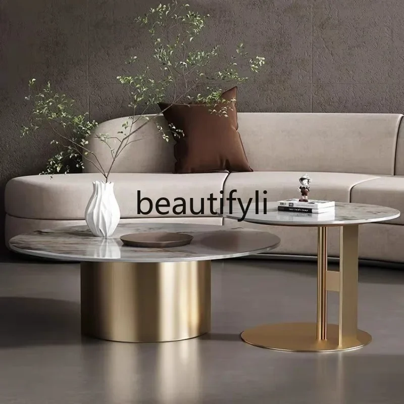 الحديثة الإيطالية الحد الأدنى مجموعة طاولة القهوة المستديرة غرفة المعيشة بلاطة الصخور كبيرة وصغيرة طاولات القهوة المستديرة الفولاذ المقاوم للصدأ K4050
