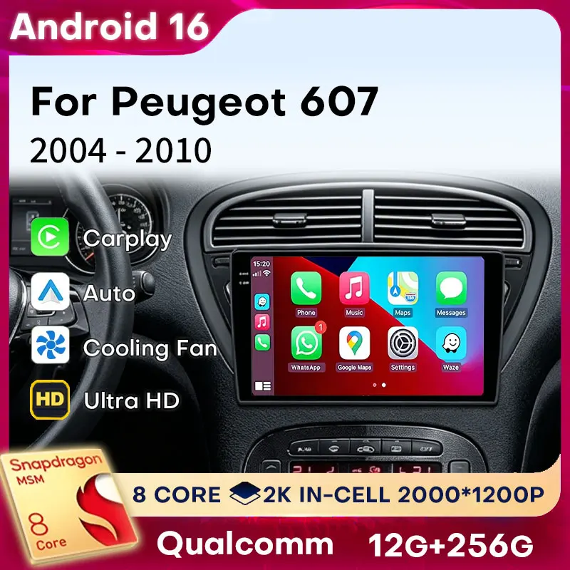 Android 16 Carplay Para Peugeot 607 2004 - 2010 Rádio Automotivo Estéreo com Vídeo, Navegação, 4G LTE, Multimídia Automotiva, DSP, GPS Player 2din WIFI