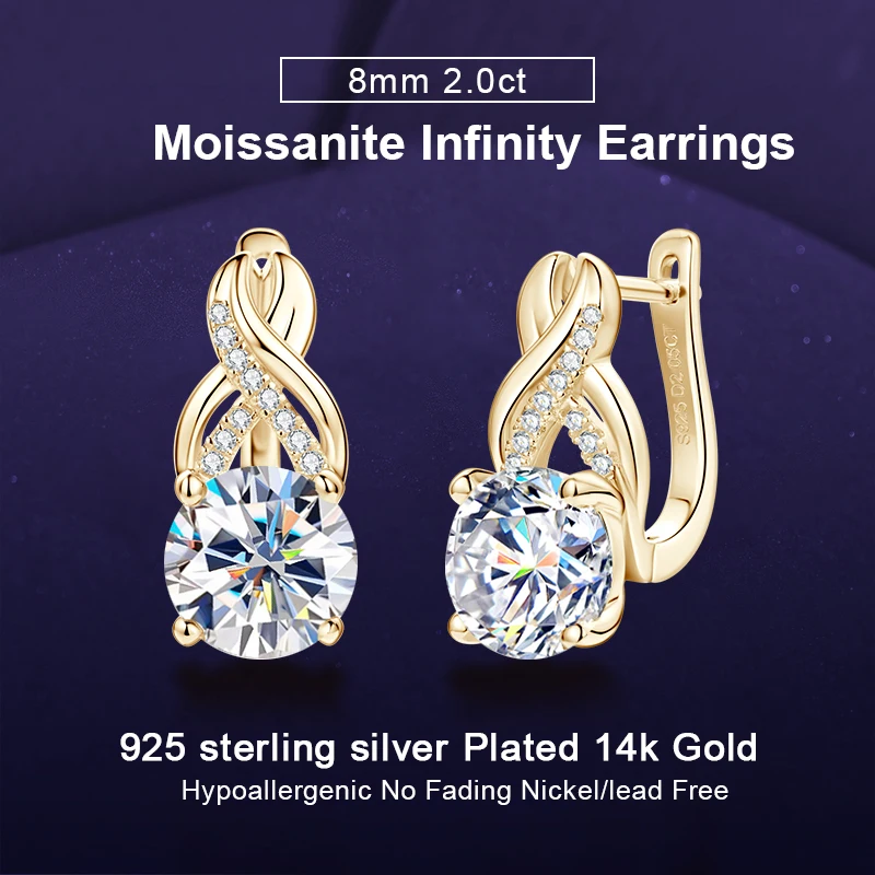 

IOGOU 8mm 2.0ct D Moissanite Drop Hoop Infinity Earrings for Women 925 Sterling Silver 14k Gold Plated Luxury Earrings Jewelry