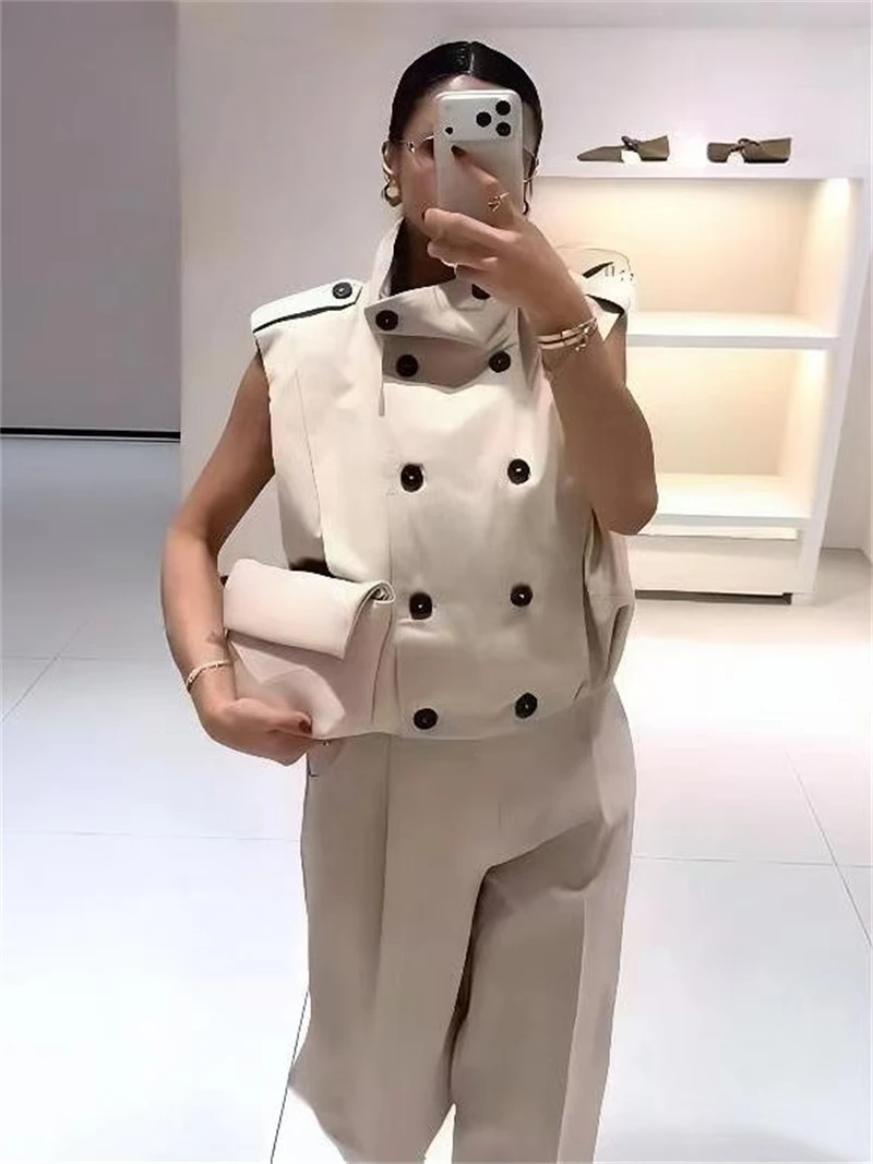 Guobioziy Women's Slim-Fit Pleated Button Vest Jacket 2026 Spring-Autumn New European-American Casual Fashion Motorcycle Street