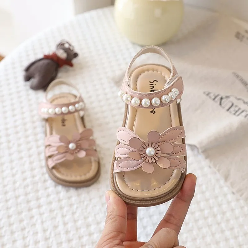 Kids' Casual Shoes Sandals Flower Pearl Open Toe Chic Kid's Flat Shoe Pink Beige Anti-slip Daily Holiday Versatile Children Shoe