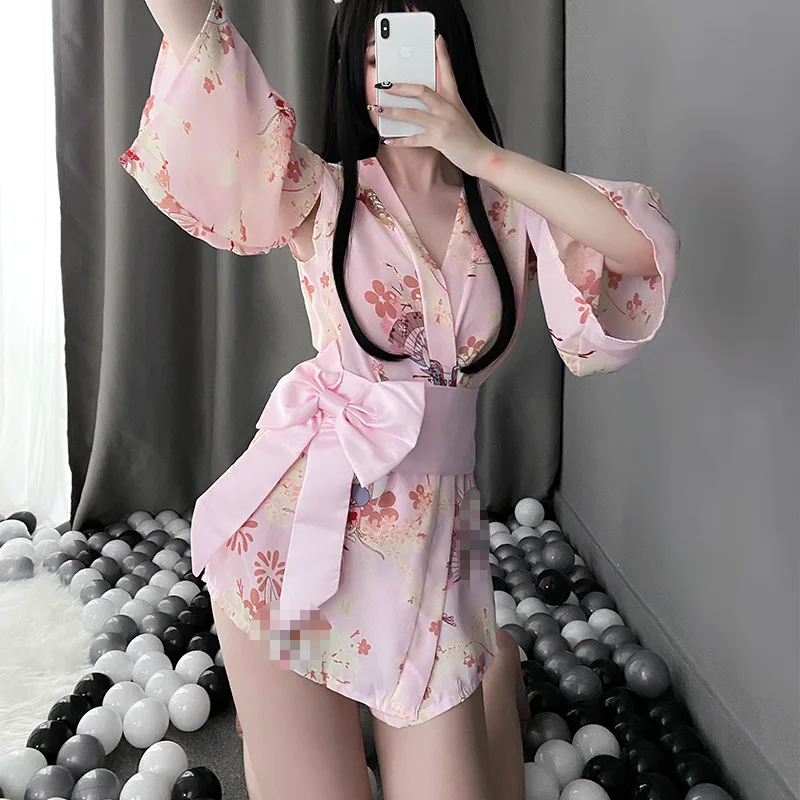 Women Sexy Short Dress Cosplay Japanese Kimono Costume Bathrobe Bodysuit Women Sexy Lingerie Floral Sleepwear Female Underwear