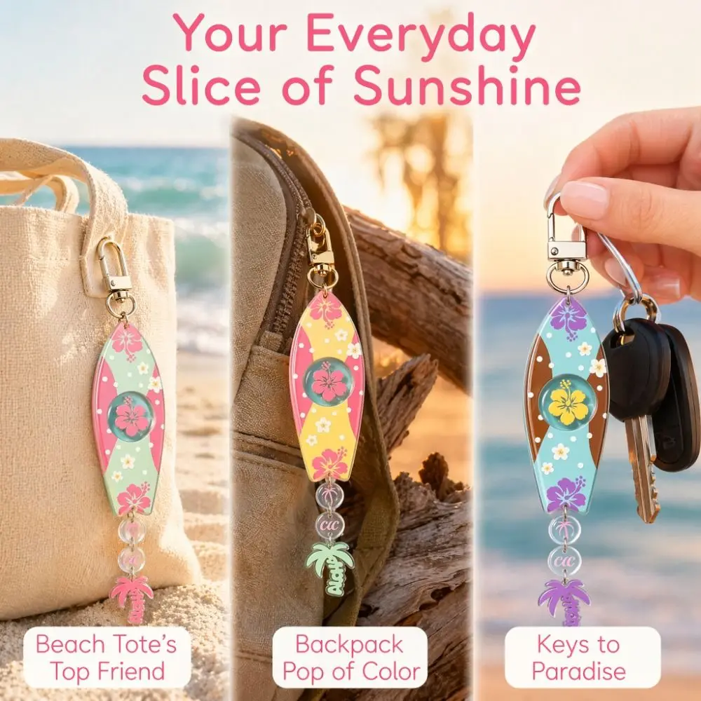 Exquisite Printing Surfboard Keychains Cool Summer Marine Theme Pendant Hibiscus Flower Acrylic INS Jewelry Bag