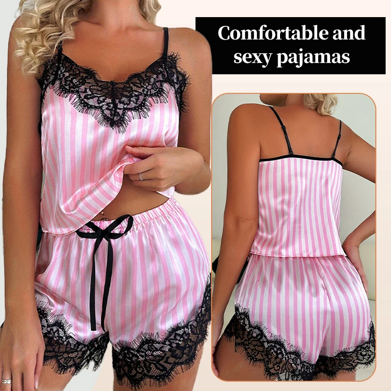 Summer Women\'s Sexy Home Casual Camisole Pajama Set with Pink and White Stripes Paired with Lace Edge V-Neck Sexy Pajama Set