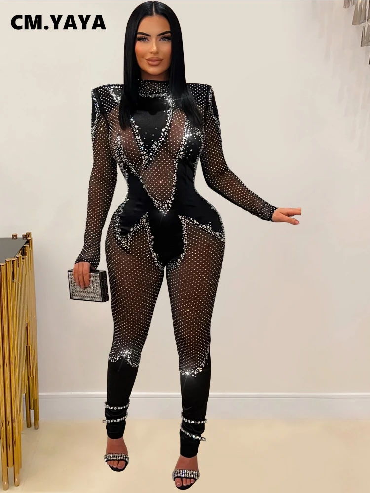 CM.YAYA Women 2024 Fashion Mesh See Though Diamonds Hot Rhinestones Sexy Party Club Jumpsuit One Piece Suit Romper Playsuits