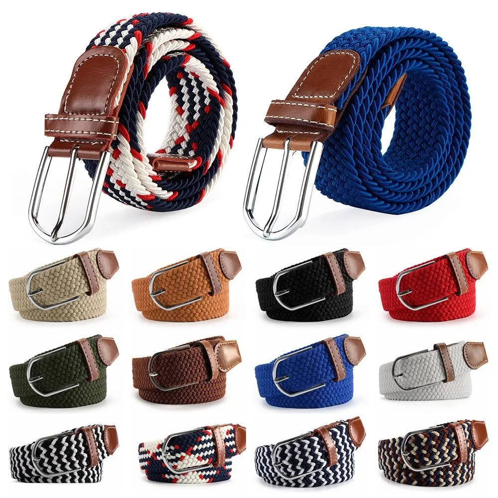 

Casual Weaving Braided Stretch Belt Elasticated Fabric PU Leather Buckle Canvas Belts Outdoor Sports Waistband