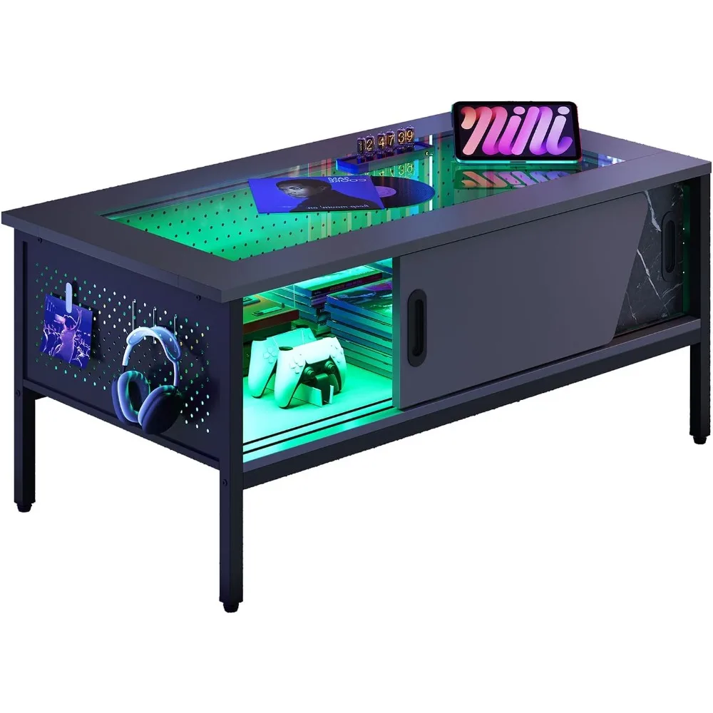 42 Inch LED Coffee Table with Storage Glass Coffee Tables for Living Room with Sliding Doors, Black Living Room Center T