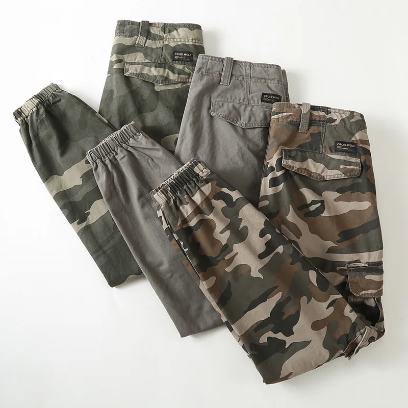 Vintage Paratrooper Pants Spring And Autumn Made Camouflage Multi-pocket Loose Casual Conical Elastic Waist Cargo Pants Men