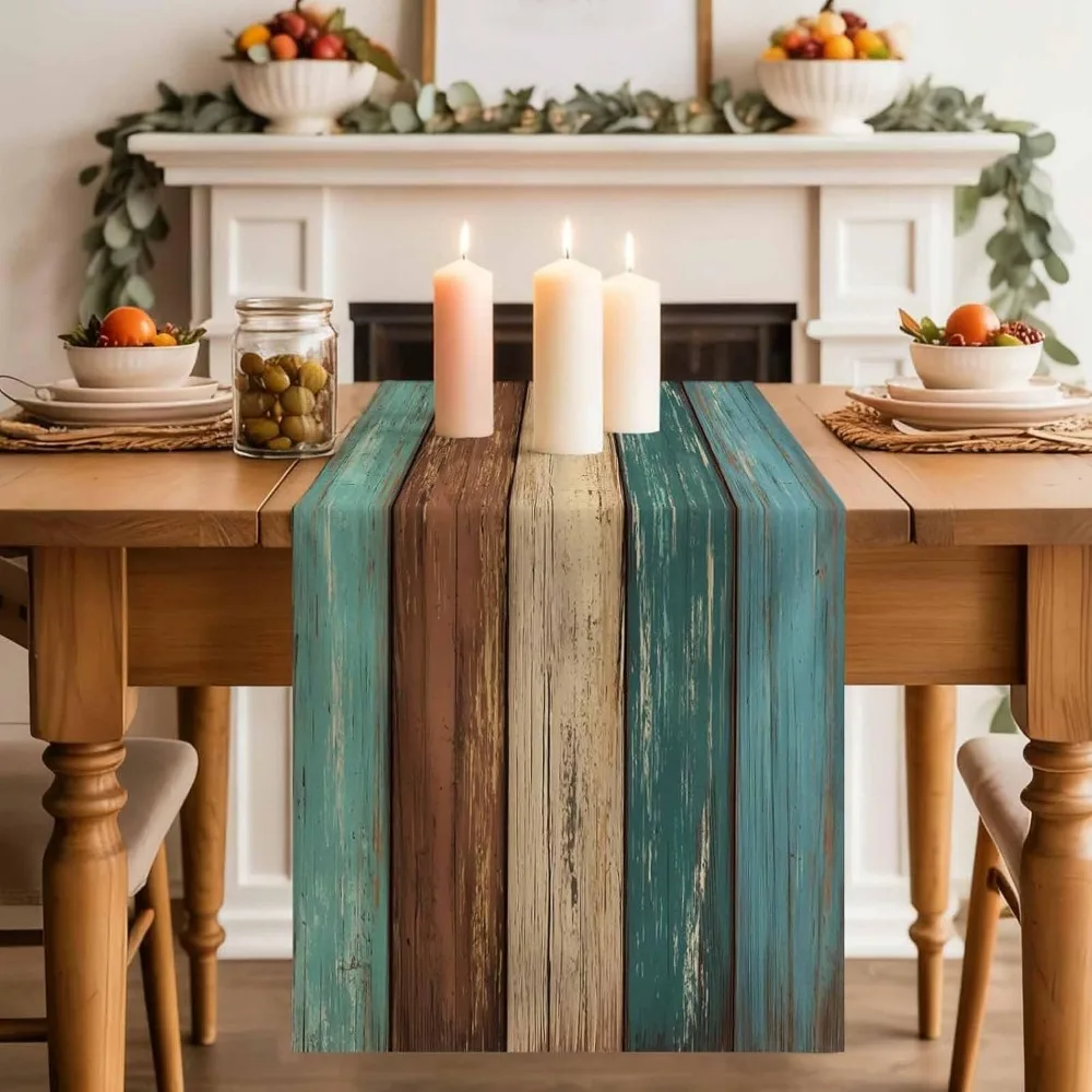 St Patrick's Day Teal Green Brown Wood Texture Table Runner,Retro Farmhouse Home Kitchen Dining Table Indoor Outdoor Party Decor
