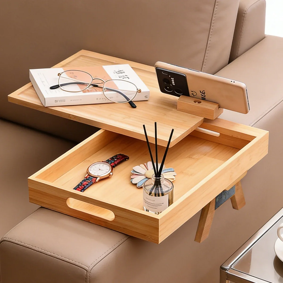 1pc Bamboo Sofa Tray with Lid for Living Room & Dorm, Multifunctional Snack Storage Tray.  Decorative Tray  Rolling Tray