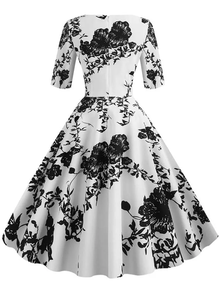 Half Sleeve Black Summer Women Dress Floral Print Vintage Party Dresses Robe Casual Retro A-Line Vestidos