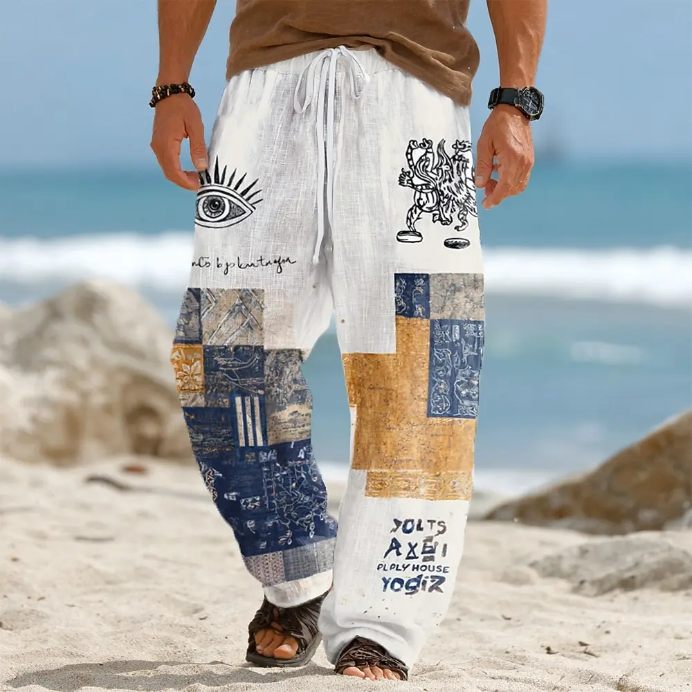 

Мужские летние льняные брюки с 3D-принтом, цветными блоками, свободного кроя, в богемном стиле, для активного отдыха и пляжа, с эластичным поясом на шнурке и карманами