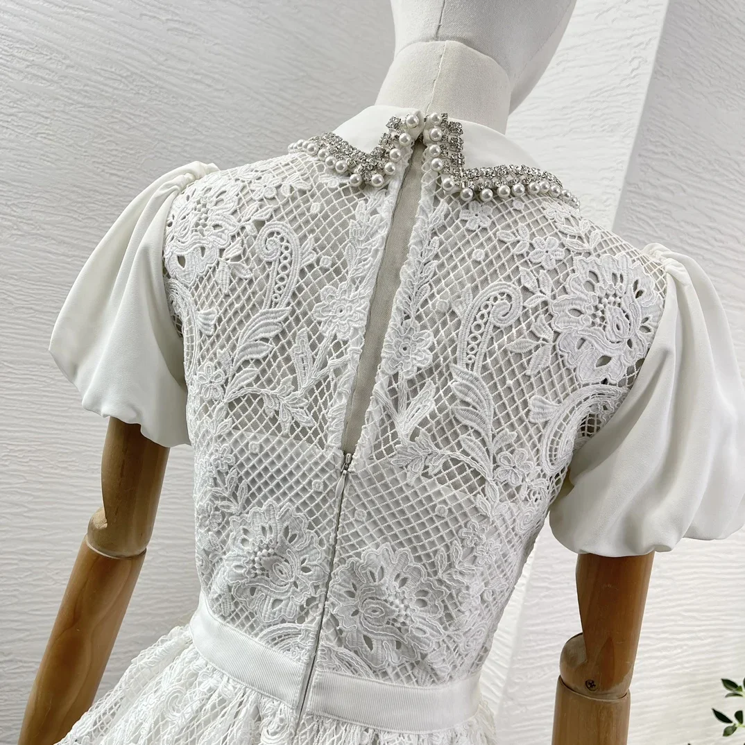 White Fashionable Top Quality Short Sleeve Diamonds Lace Patchwork Women\'s Dress with Sweet Pearl Ivory