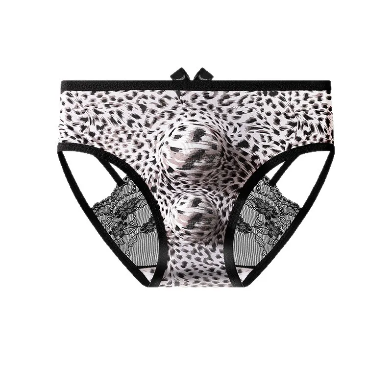 Men's Sexy Underwear Hollow Lace Back Sheer Panties Ice Silk Leopard Printed 3D Bullet Separation Pouch Sissy Underwear
