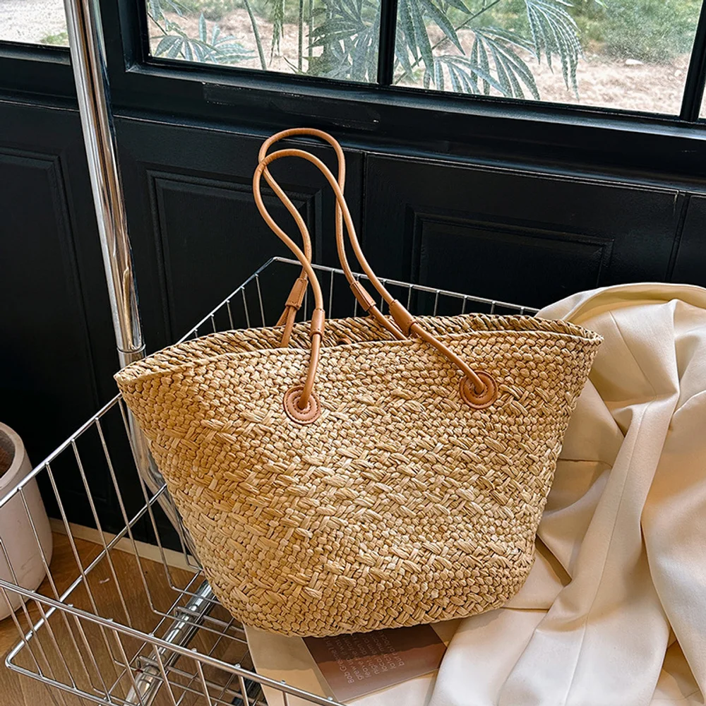 حقيبة كاجوال من القش ذات السعة الكبيرة الملونة من Luojia، حقيبة منسوجة مصنوعة يدويًا من العشب الطبيعي، حقيبة شاطئ للإجازات
