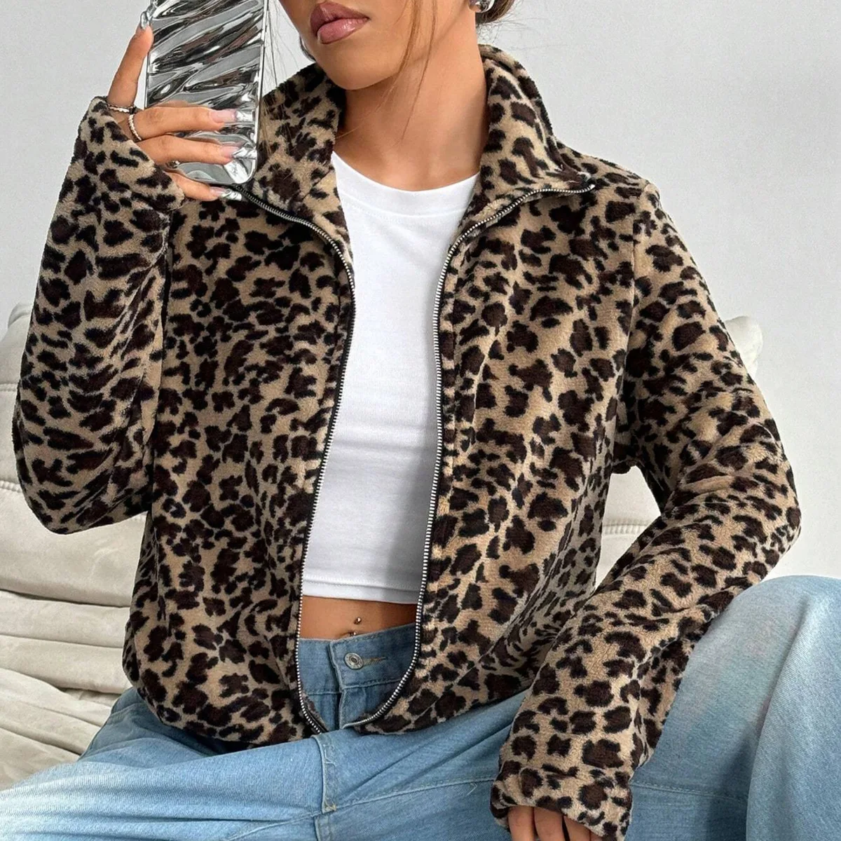 IG Women Leopard Print Stand Collar Zip-Up Fuzzy Jacket, Long Sleeve Warm Fluffy Short Coat, Winter Casual Street Outerwear