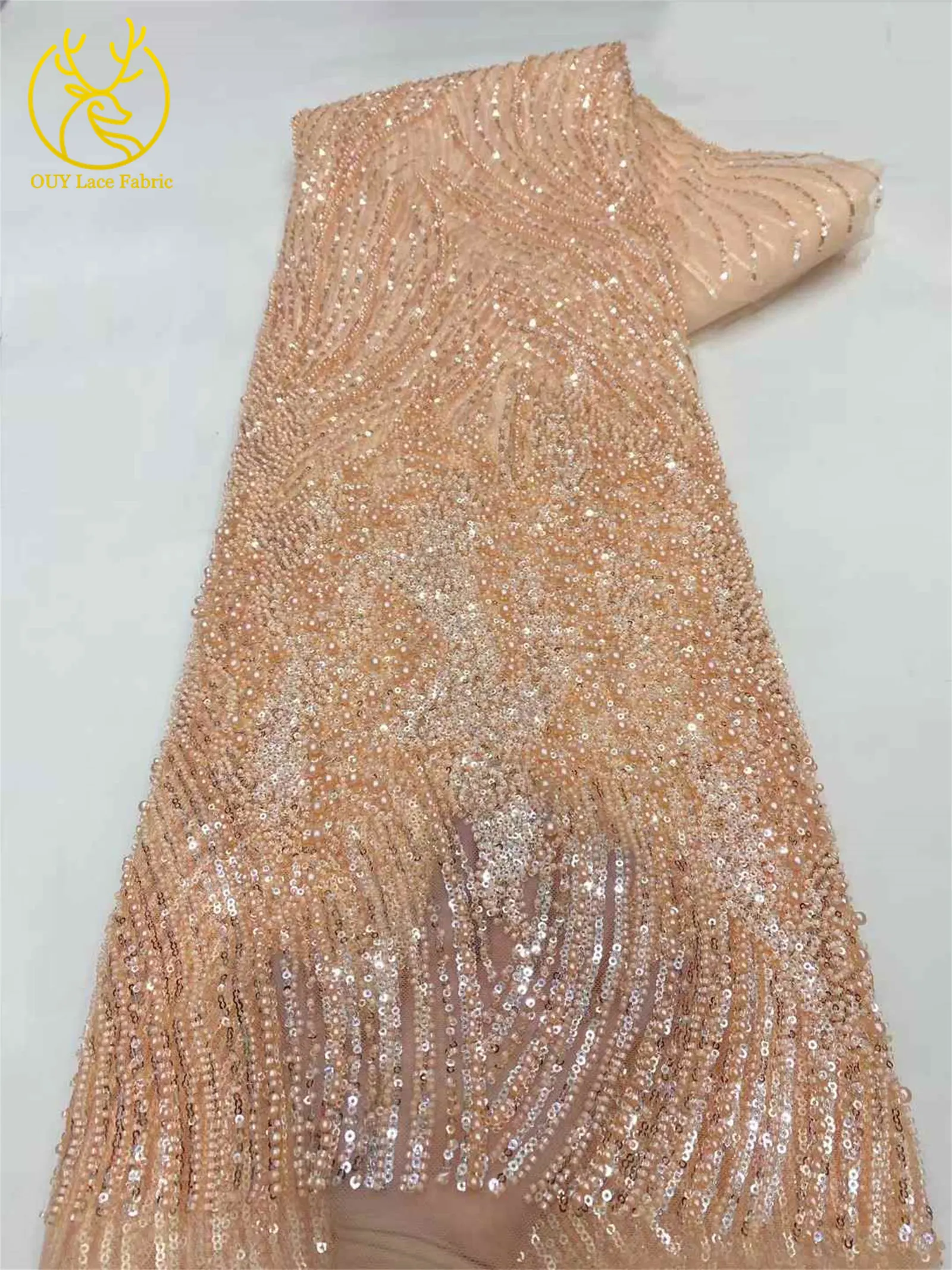 Rosa afrikanischer Bräutigam-Perlenstoff 2026, hochwertiger französischer nigerianischer Pailletten-Tüll-Spitzenstoff für Party, Hochzeit, Kleid, Nähen – Detail 15