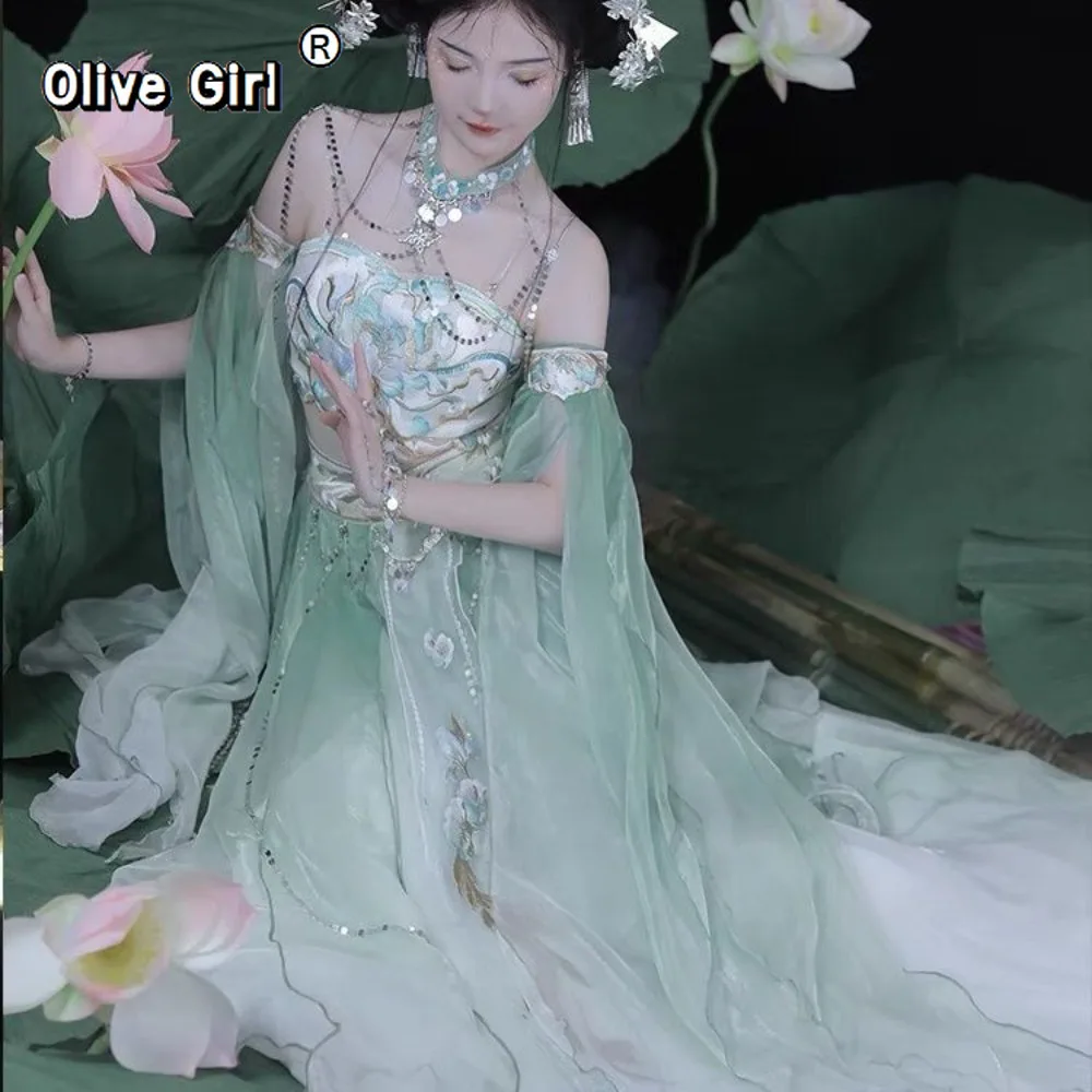 Ханфу Фея Экзотический Стиль Градиент Печатная Вышивка Танцевальное Платье Стенд Вырез Эластичная Юбка Новый Косплей Костюм Ханфу