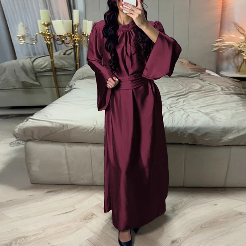 Sukienki na imprezę z wysokim stanem, zwiewne, eleganckie, z dekoltem typu O, z długim rękawem, satynowe, długie sukienki damskie, modne, z temperamentem, jednolite, 2026