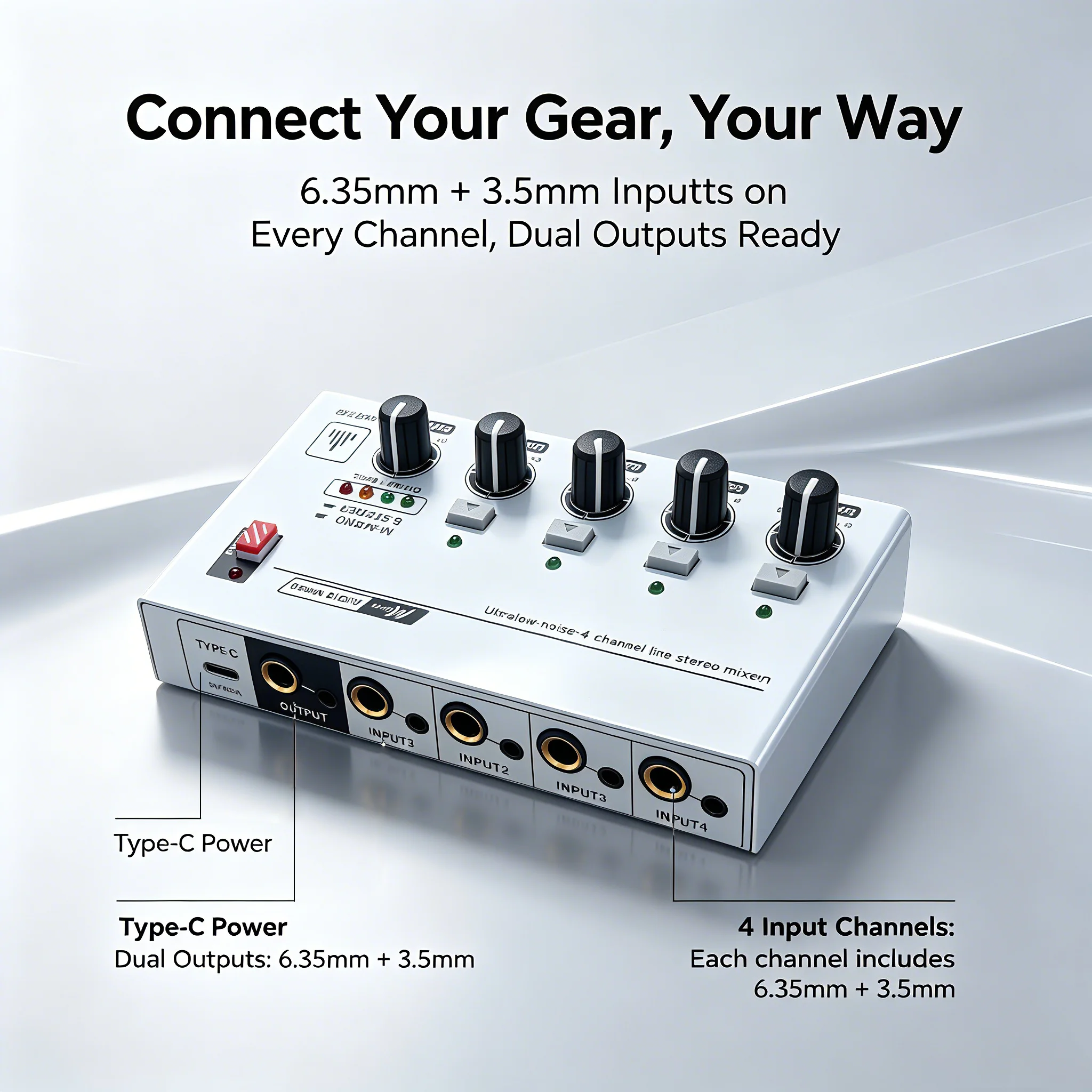 Mini Mixing Console 4 Channel Audio Mixer Mobile Recording Soundcard Studio Podcasting Live Streaming Equipment MH400
