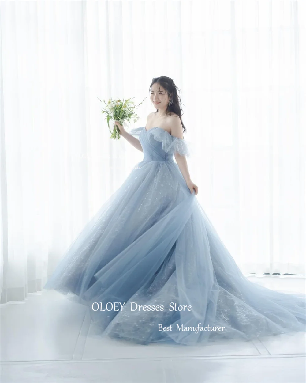 OLOEY Dusty Blue Glitter Prom Dresses Wedding Photoshoot Pastrol Sweetheart Silky Organza Floor Length Perform Dresses Custom