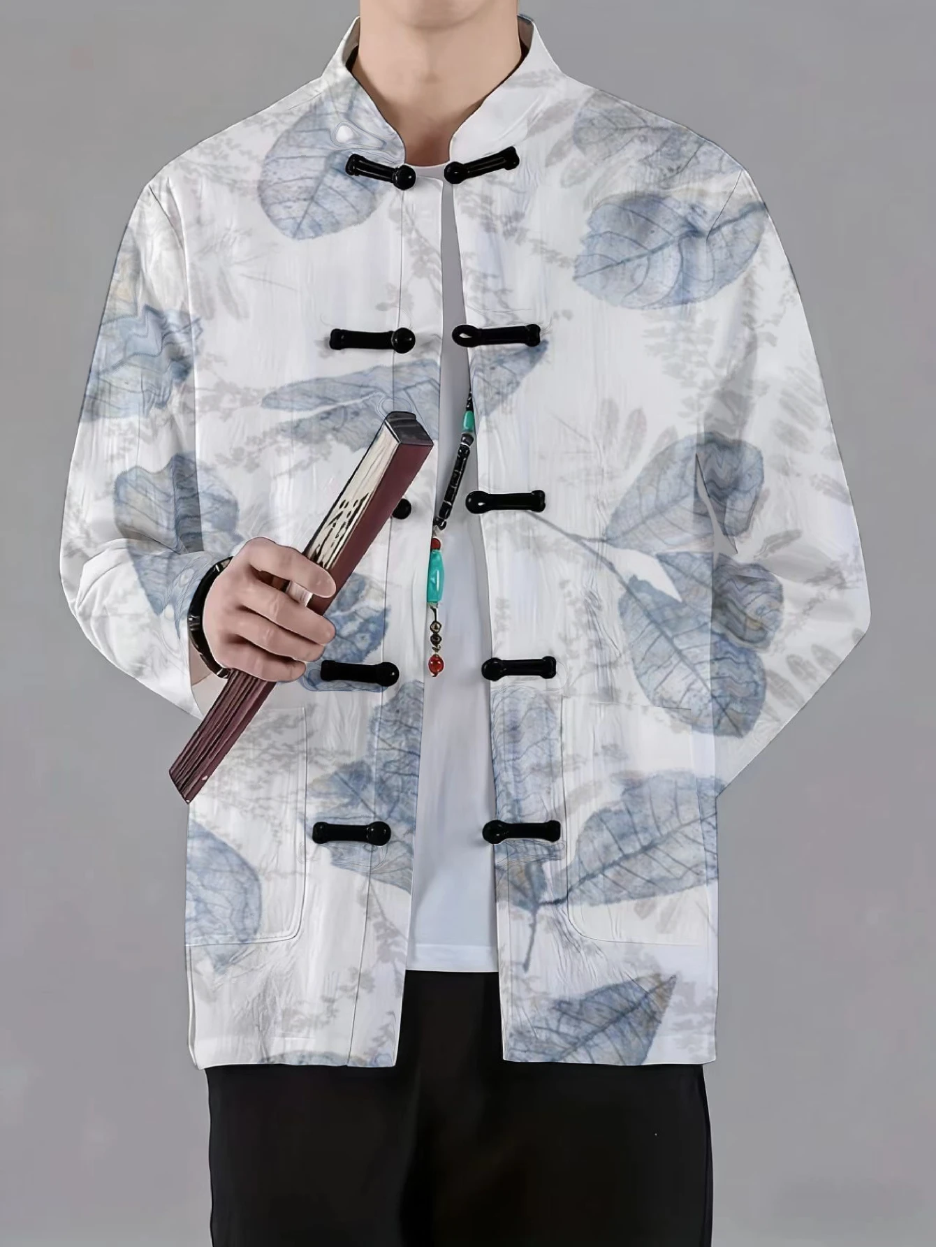 Men Men Mandarin Collar Frog Button Long Sleeve Jacket Chinese Ink Wash Leaf Floral Landscape Print Casual Outerwear - Aliexpress Deal