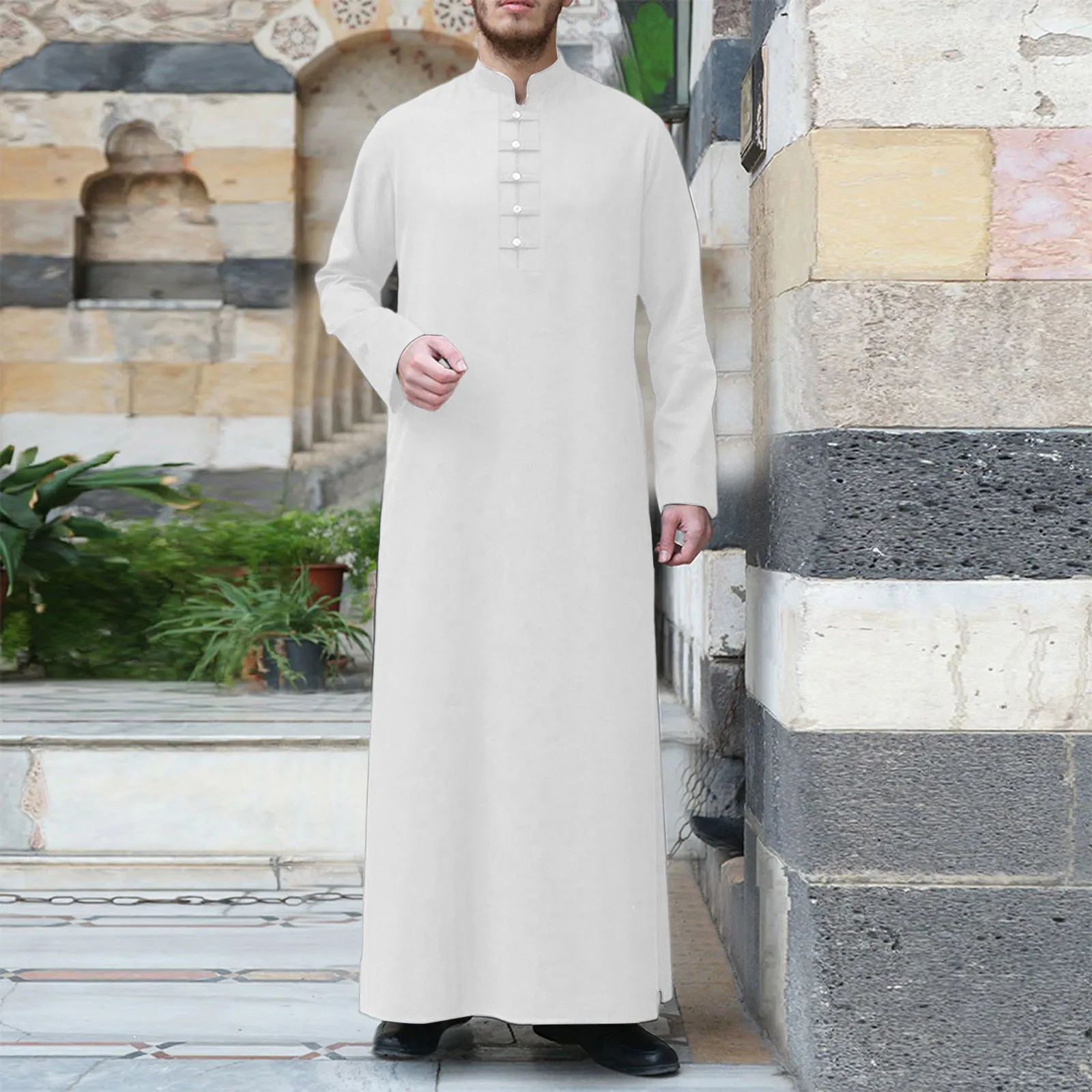 Men\'s Solid Colour Muslim Robe Simple Fashion Standing Collar Button Islamic Robe Large Size Long Sleeve Arabian Muslim Robe