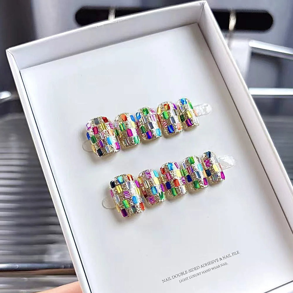 

10pcs Mark Handmade Nails Colorful Platinum Plaid Press on Nail Short Square Full Coverage Nail Tips for Women&Girl False Nail