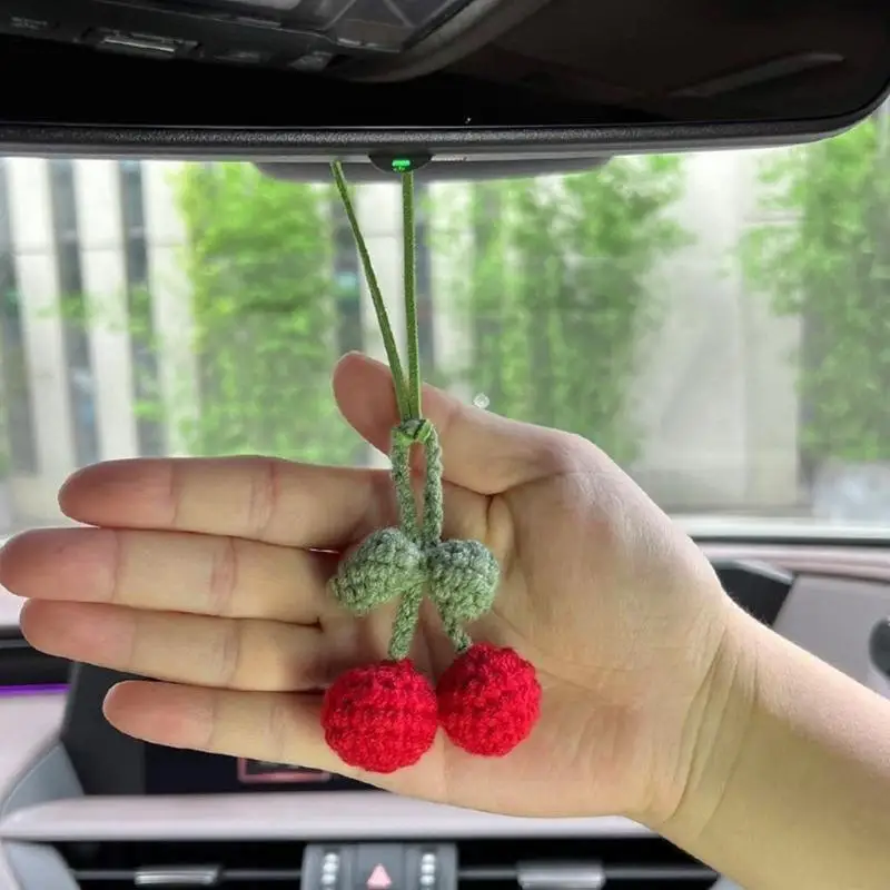 652F Adorable Cherry Design Keychain Accessories Lovely Cherry Crochet Hanging Decoration Keyring Charm for Cars Bags