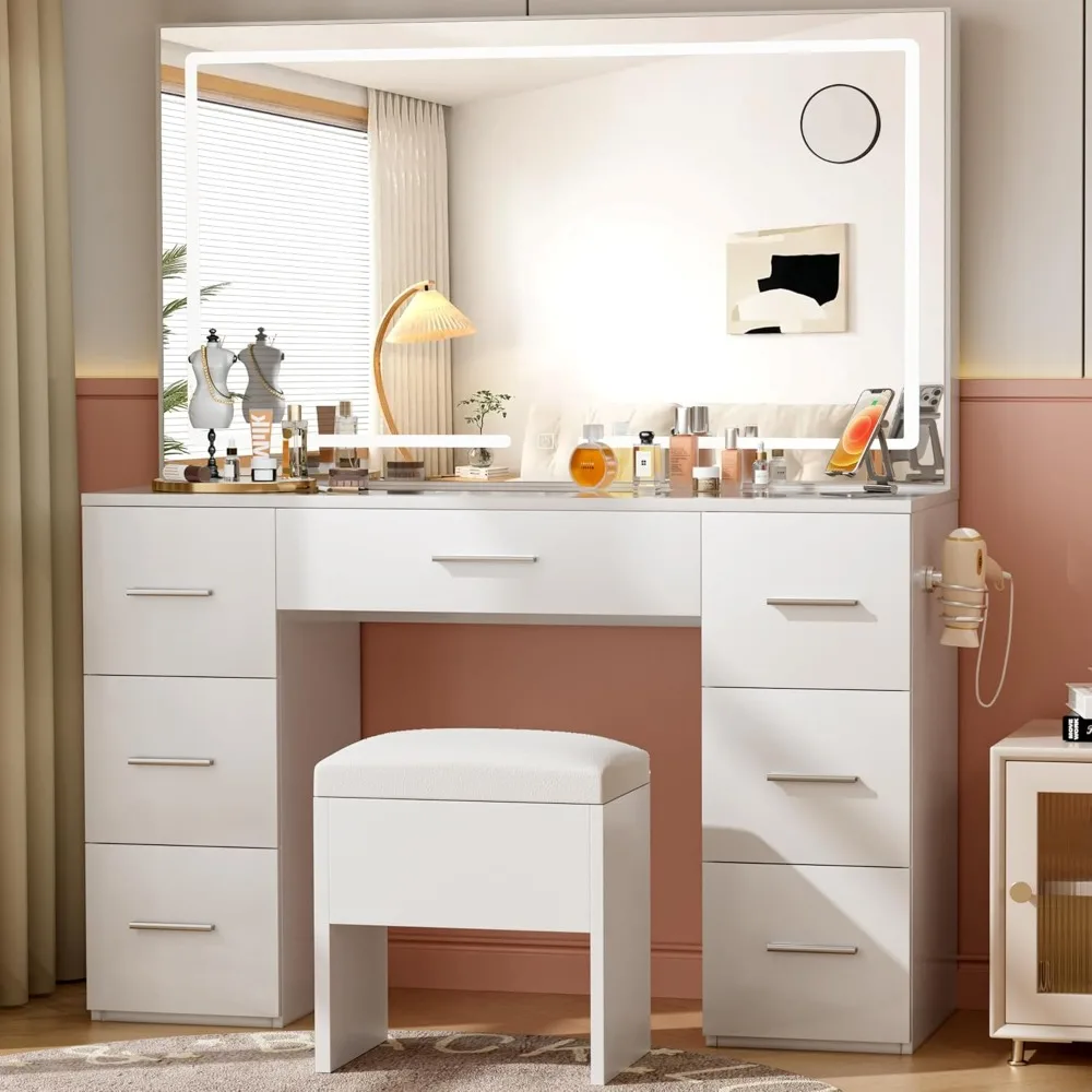 Vanity Desk with Lights, 46'' Glass Top Vanity Set with Charging Station, 7 Drawers Vanity Table with Cushioned Stool