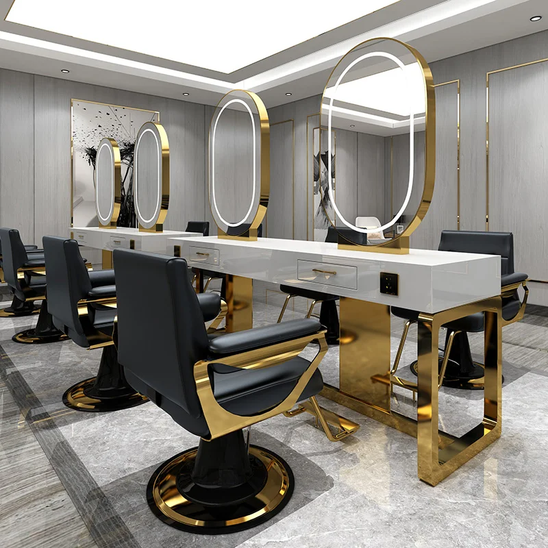 A hair salon dedicated hairdressing shop with a desktop illuminated  mirror table, simple and modern four-sided mirror table