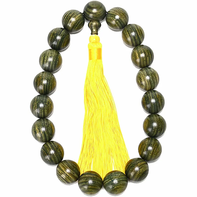 Traditional Chinese Natural Green Sandalwood Prayer Beads Yellow Tassel Lucky Blessing Wealth Good Luck Car Hanging Meditation