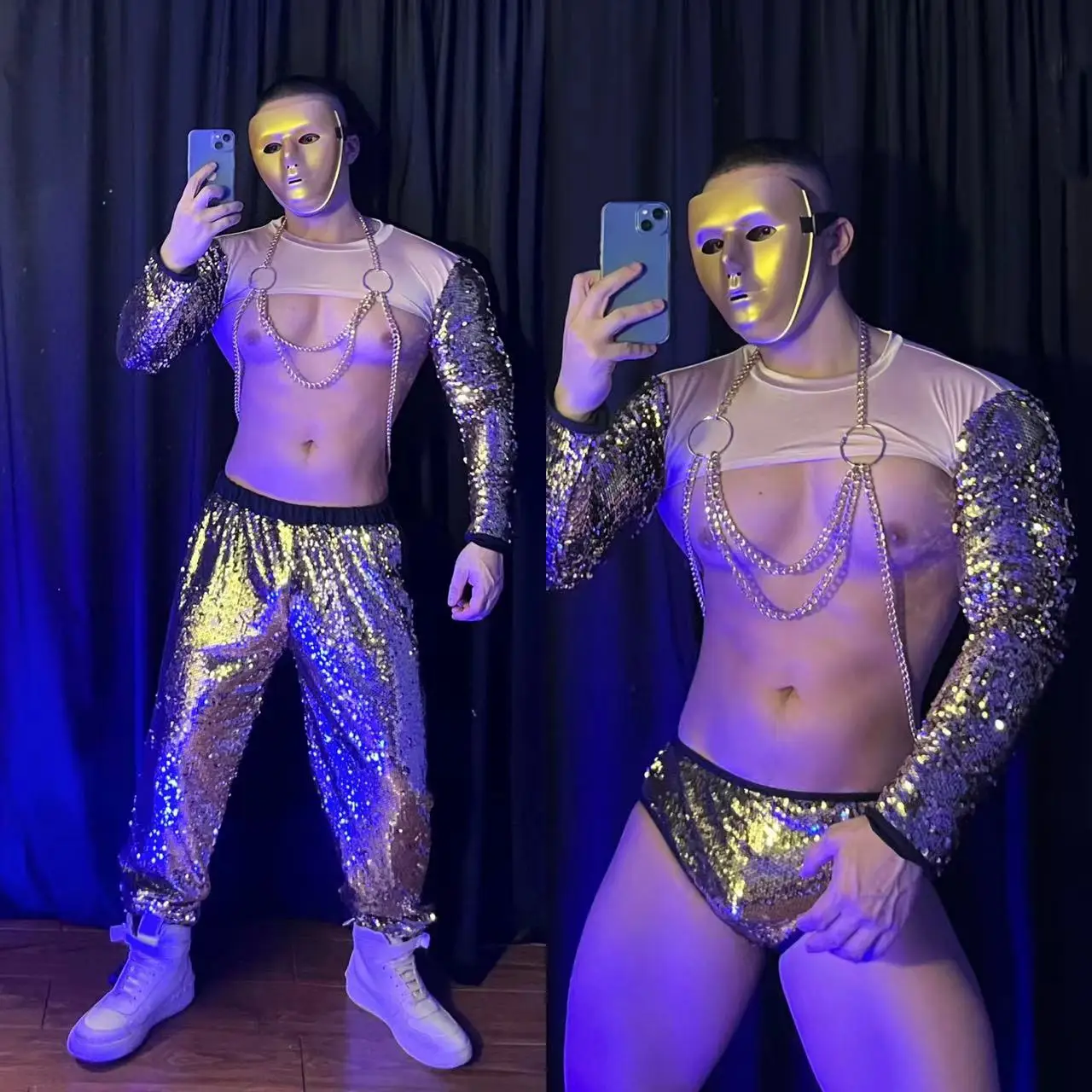 

Gold Sequin Tops Pants Performance Clothes Club Party Show Rave Outfit Male Sexy Stage Wear Nightclub Bar DJ Dancer Gogo Costume