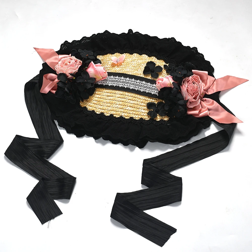 Francês lolita estilo vintage vitoriano chapéu de sol palha artesanal chá festa headwear acessórios princesa praia boné