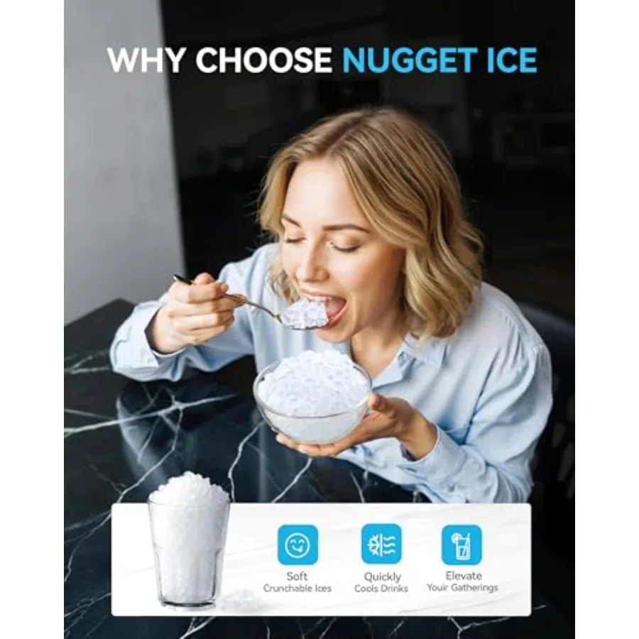 Countertop pebble ice maker for home/office use, stainless steel body, silver color, 40lbs/24H output, ready in 7 mins, APP/Ale