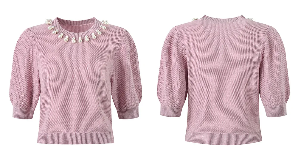 Ele Sweet Sle ort Sve Mujer de punto irt Retro Faion Versión de gama alta Top versátil redondo Ne ort Longitud