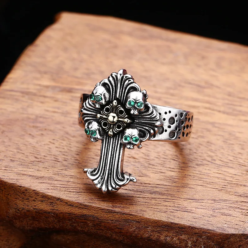Wholesale 925 sterling silver skull cross ring men's and women's live ring Thai silver retro retro style personality ornament