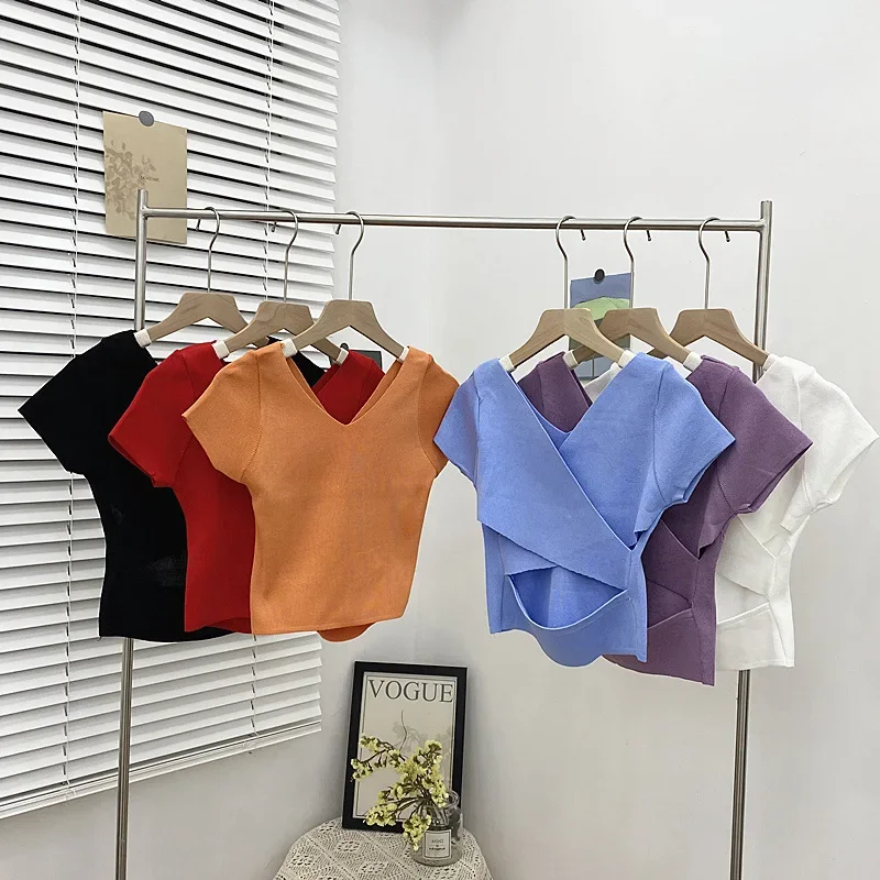 Summer Short Sexy Tight T-shirt for women tops High Waist  Backless Hollow Short Knit Sweater Summer Short Sleeve T-Shirt tee