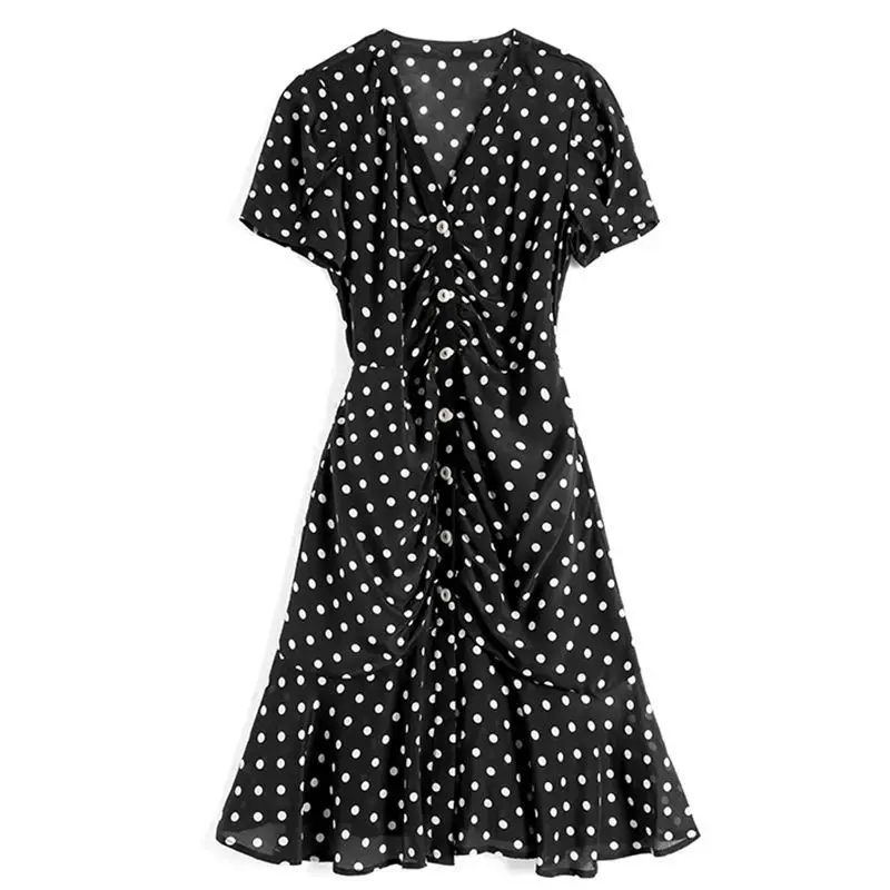 2023 Summer New Fashion Polka Dot V-neck Short Sleeve Vintage Dress Ladies Temperament Pleated Buttons Bodycon Dress Fashionable