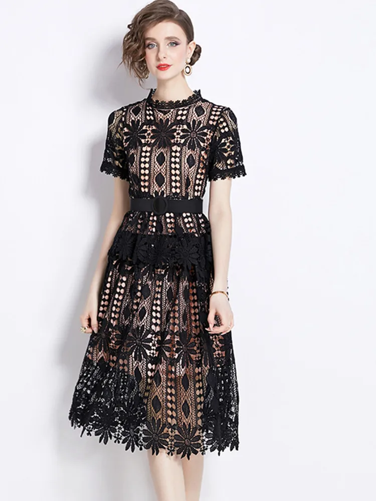 

SMTHMA Summer Elegant Flower Lace Hollow Out Runway Dresses For Women Short Sleeve Casual A Line Party Dresses Vestidos