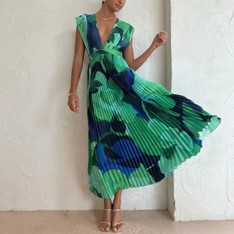 

Новое женское летнее макси-платье 2026 года с принтом тропических листьев, глубоким V-образным вырезом, без рукавов, для отпуска и вечеринок, А-силуэт